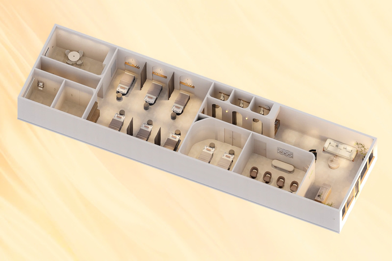 Floor plan of Lois Head Spa showing treatment rooms, relaxation lounge, and pedicure stations in Prosper TX