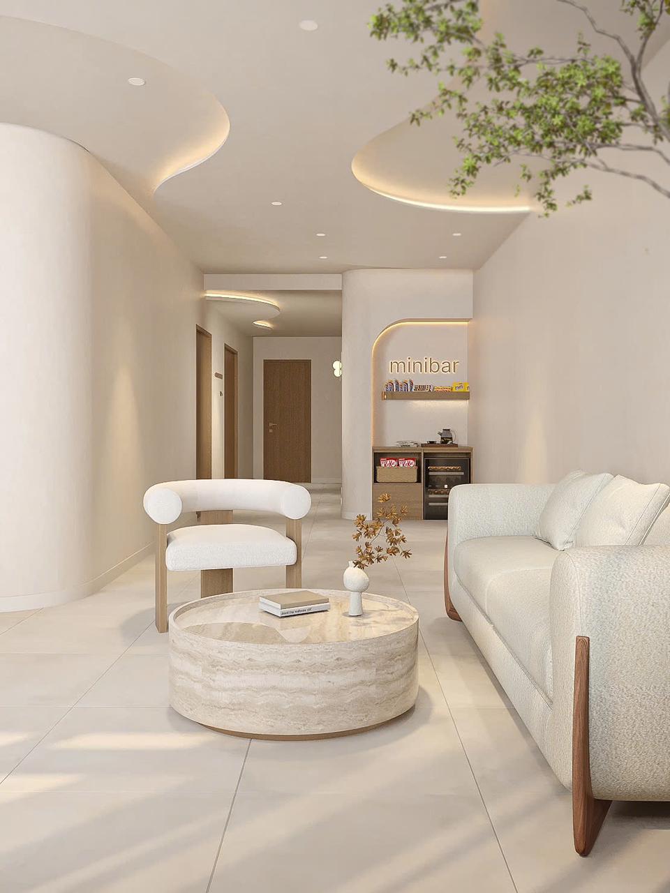 Luxury relaxation lounge at Lois Head Spa Prosper TX with curved ceiling, architectural lighting, and minibar