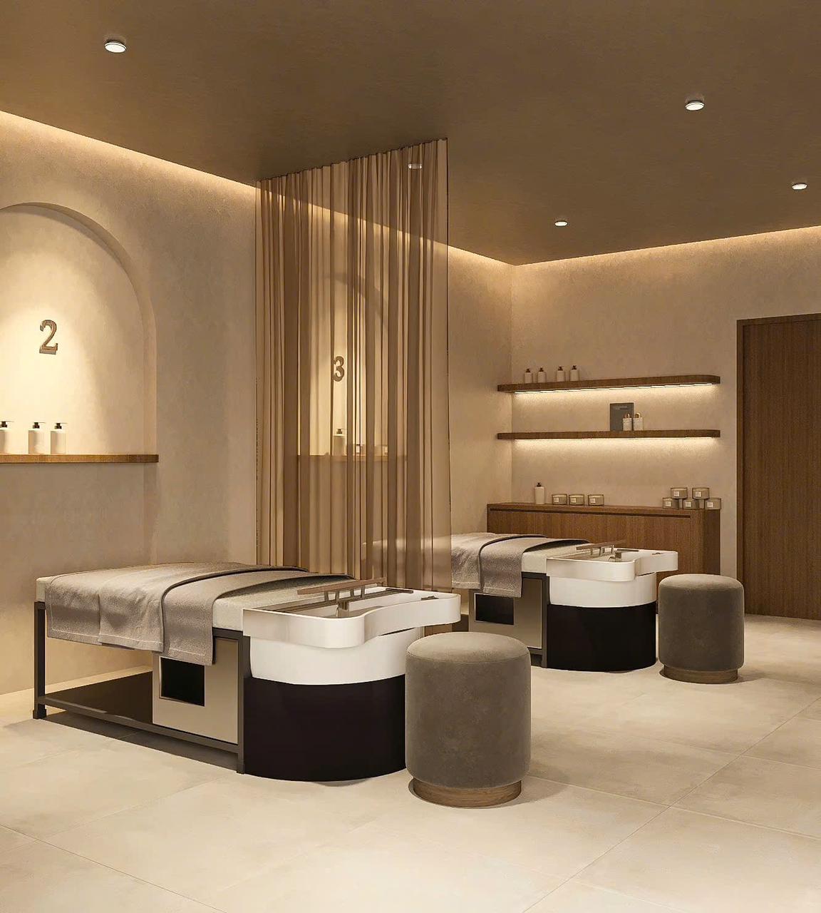 Private treatment rooms at Lois Head Spa Prosper TX with numbered stations, privacy curtains, and backlit product shelving